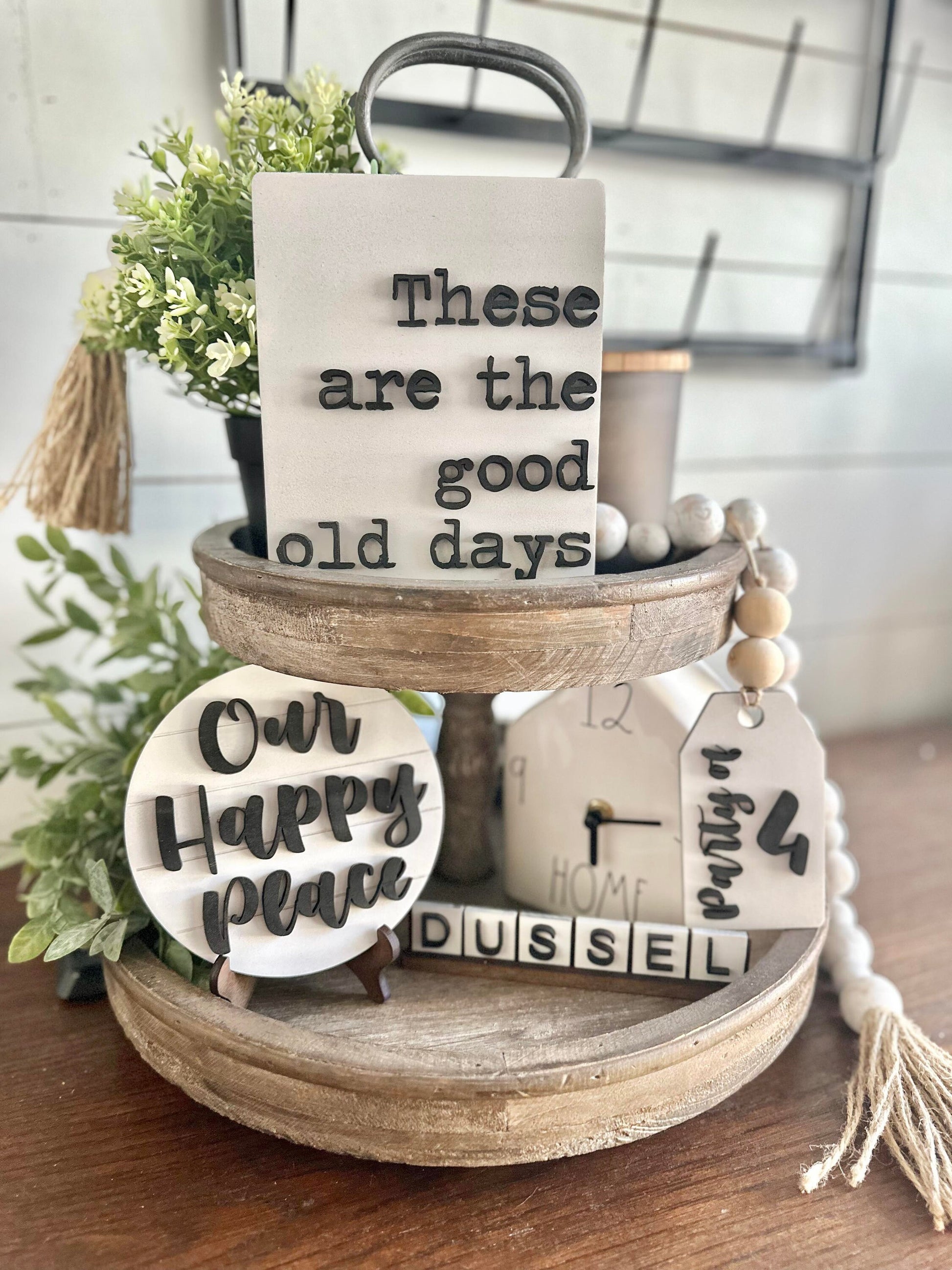 Family Farmhouse Tiered Tray - These are the good old days signs - 4 piece tiered tray bundle - our happy place signs - last name scrabble