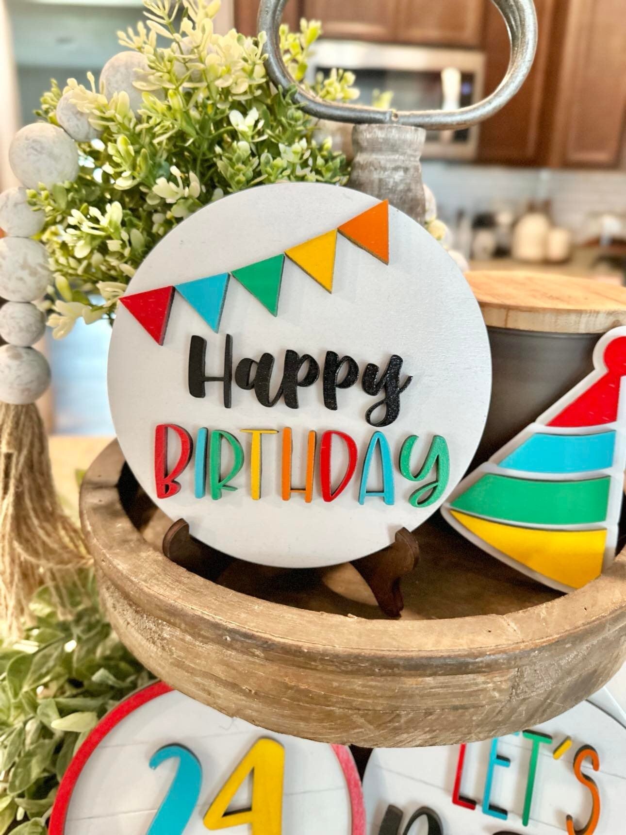 Happy Birthday Tiered Tray - Interchangeable Birthday Age Sign - Birthday Decor - Birthday Signs - Birthday Party Decor - Birthday Tray