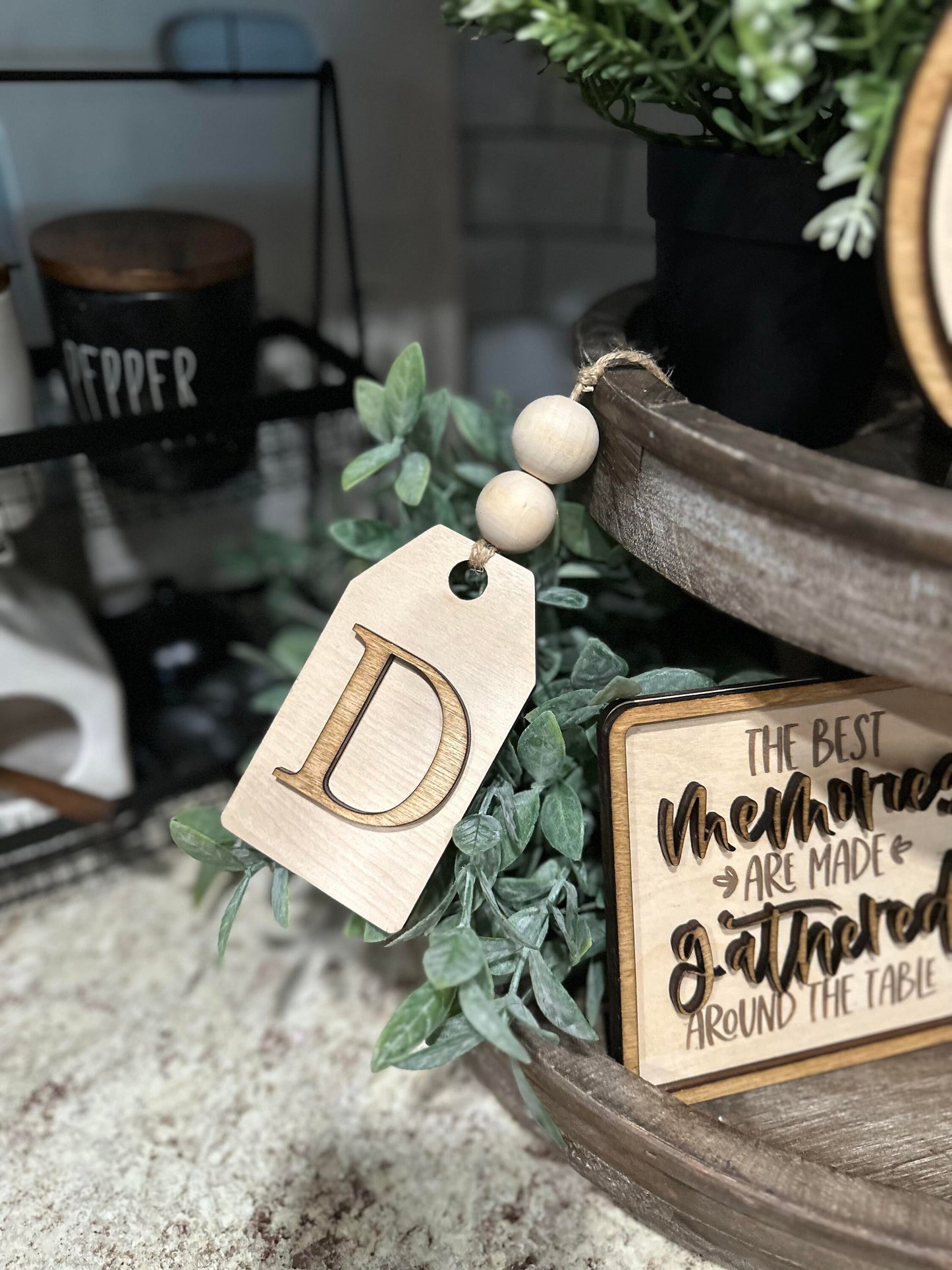 Kitchen Tiered Tray Decor - Last name family signs - Family Tiered Trays - The best memories are gathered around the table - Kitchen Decor