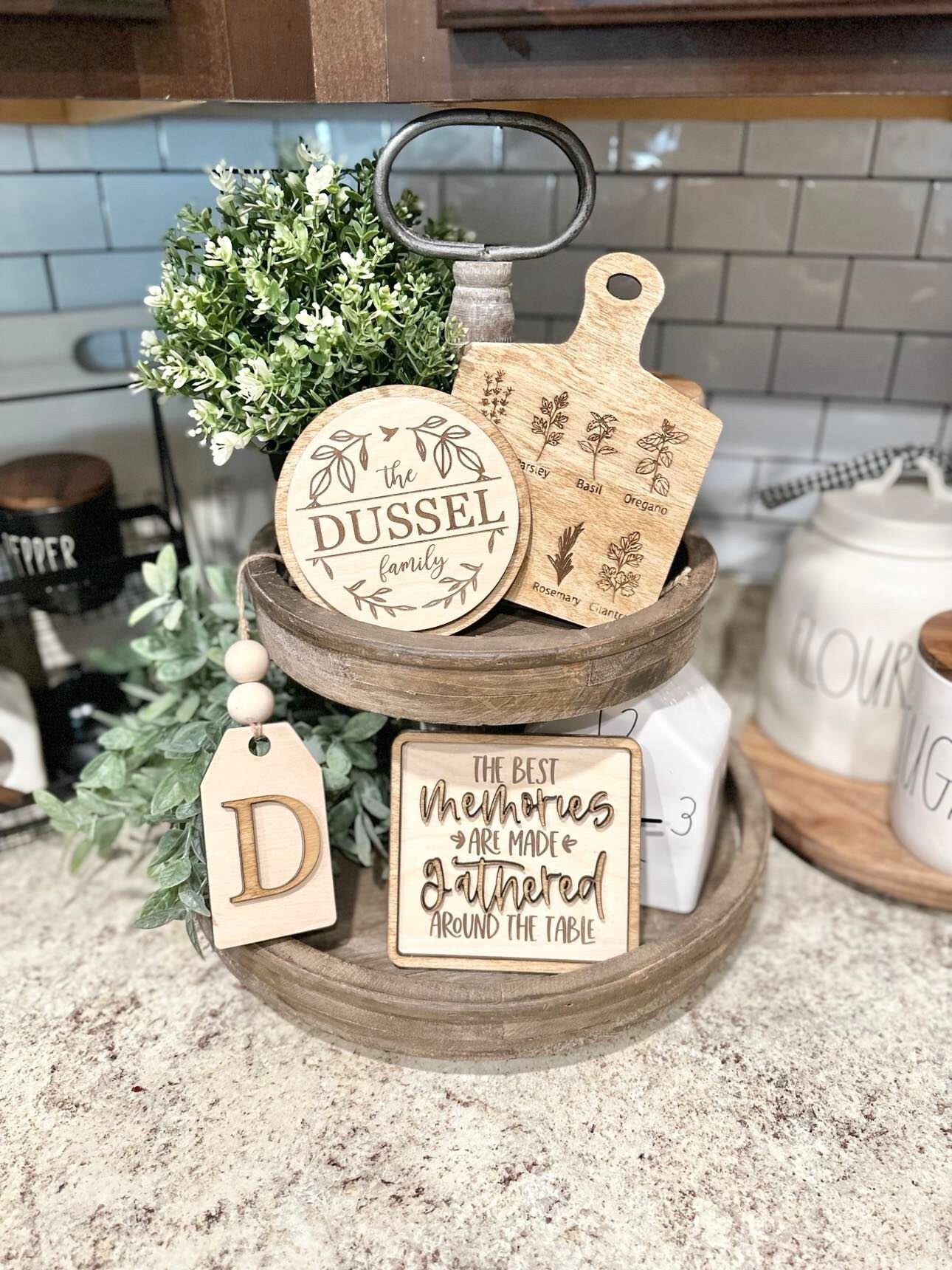 Kitchen Tiered Tray Decor - Last name family signs - Family Tiered Trays - The best memories are gathered around the table - Kitchen Decor