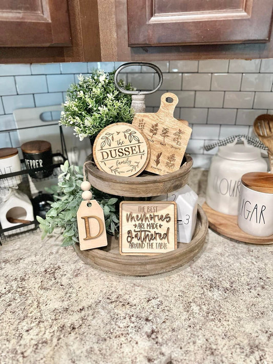 Kitchen Tiered Tray Decor - Last name family signs - Family Tiered Trays - The best memories are gathered around the table - Kitchen Decor