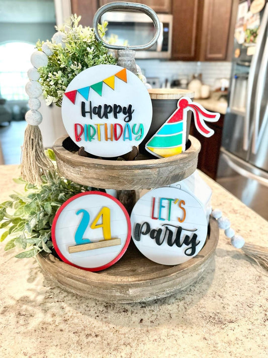 Happy Birthday Tiered Tray - Interchangeable Birthday Age Sign - Birthday Decor - Birthday Signs - Birthday Party Decor - Birthday Tray