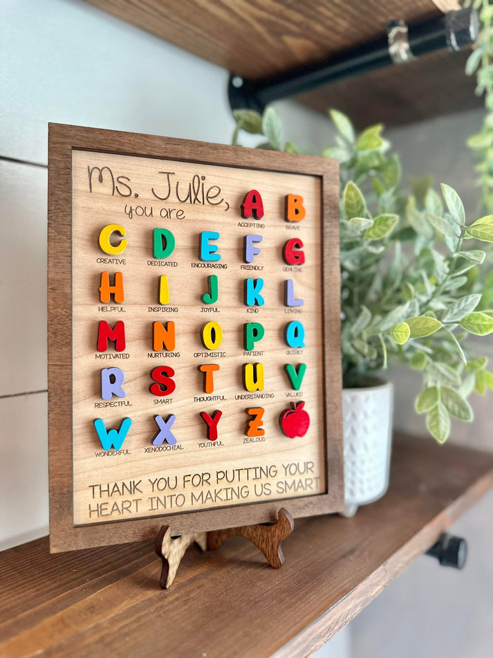 Personalized Teacher ABC Sign – Walnut + Birch