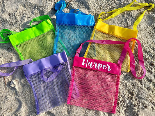 Personalized Kids Seashell Bag, Kids Beach Bag, Mesh Sea Shell Bag