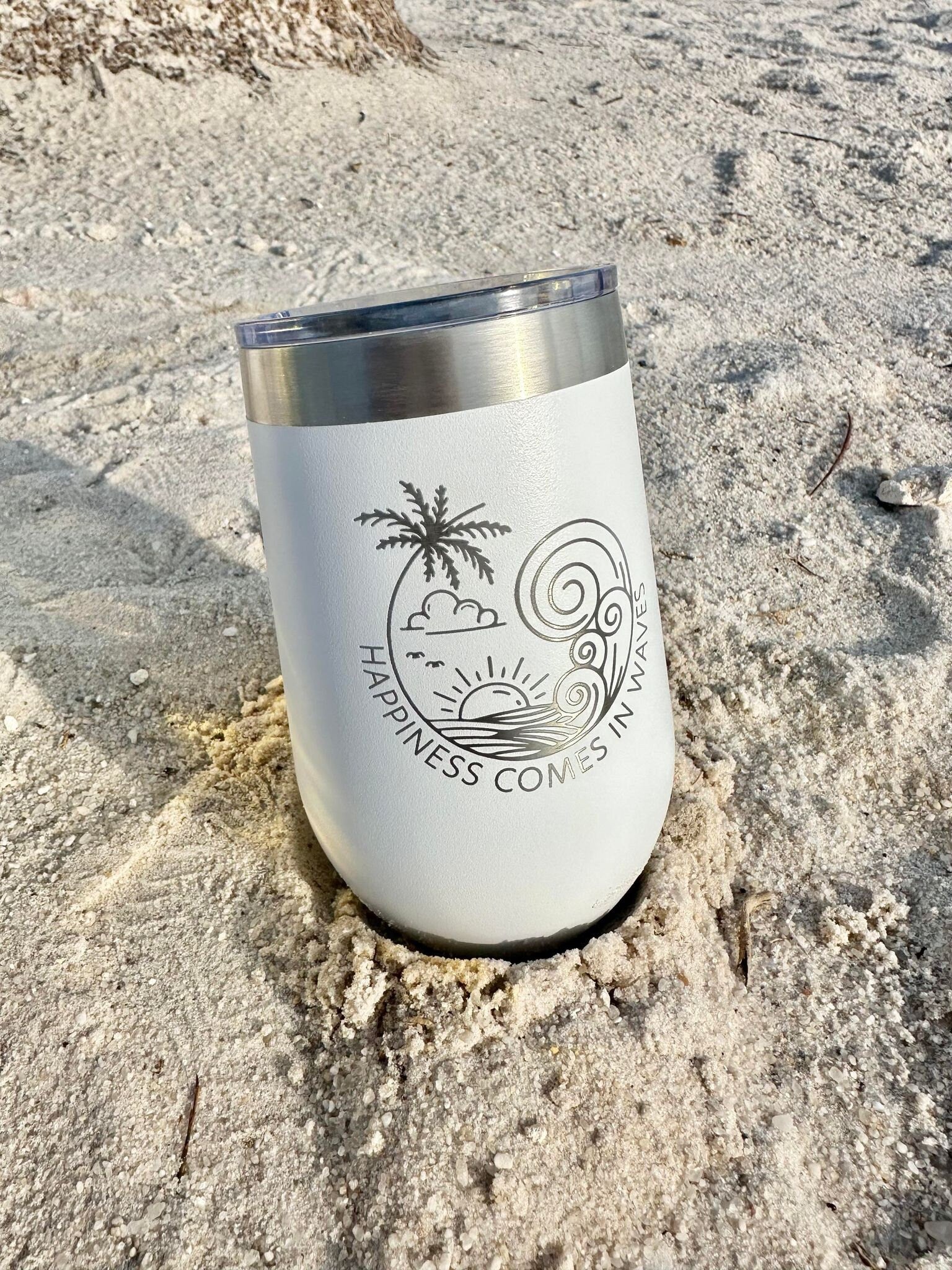 Stainless steel wine tumbler - design Happiness comes in waves