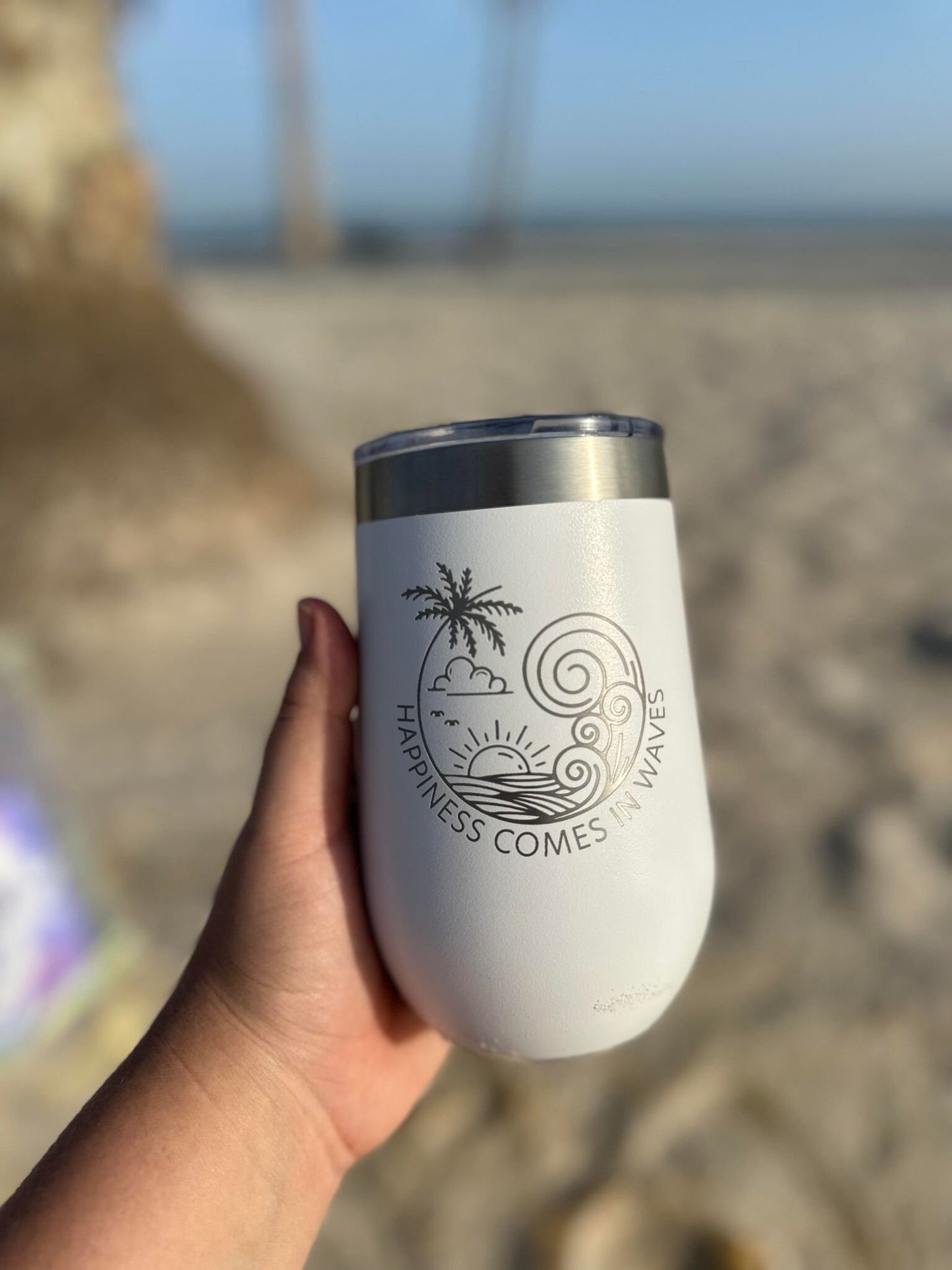 Stainless steel wine tumbler - design Happiness comes in waves