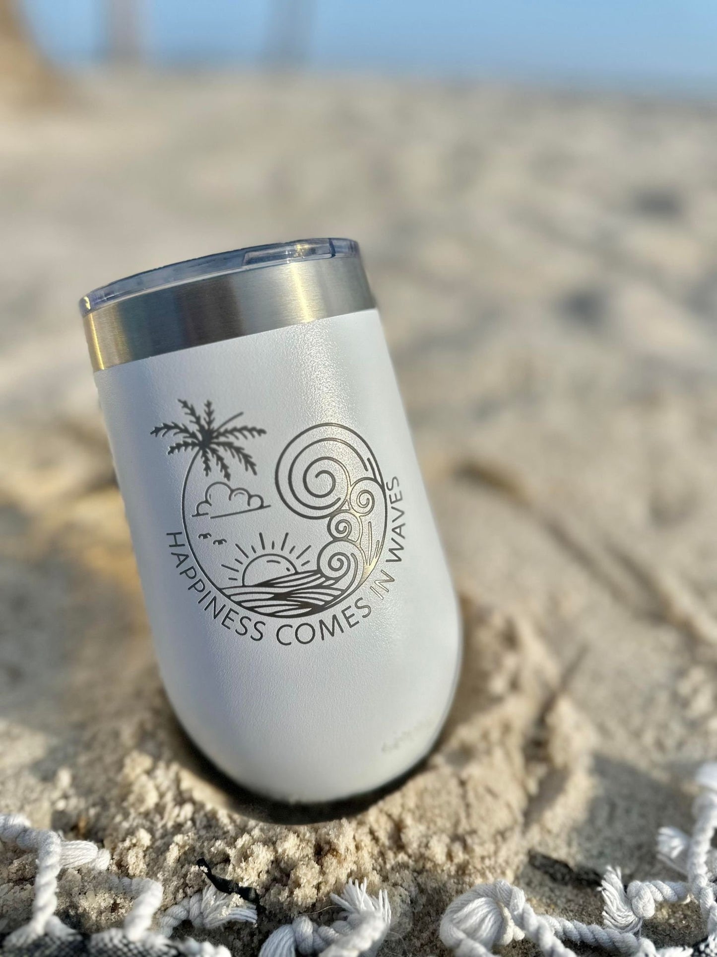 Stainless steel wine tumbler - design Happiness comes in waves