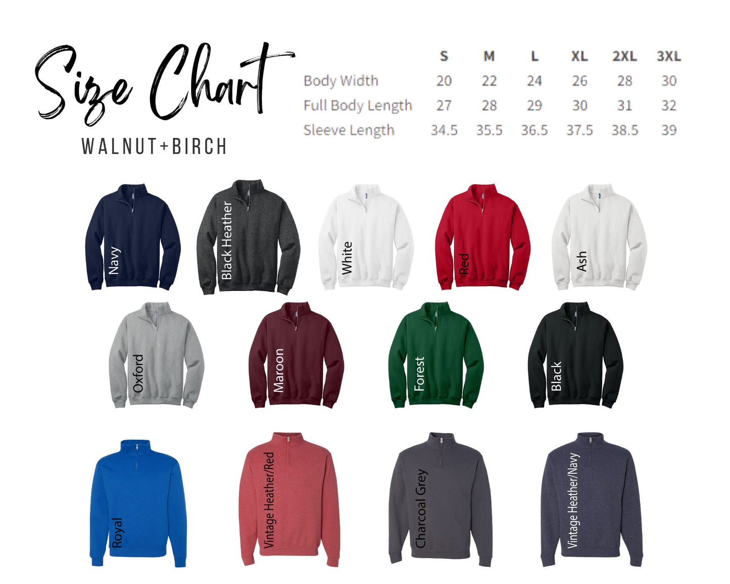 Quarter Zip Sweater Color and Size Chart