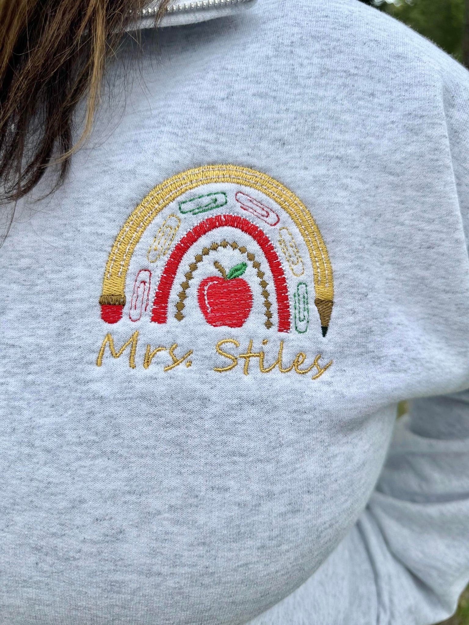 Embroidered Teacher Rainbow with Teacher Name - On Model