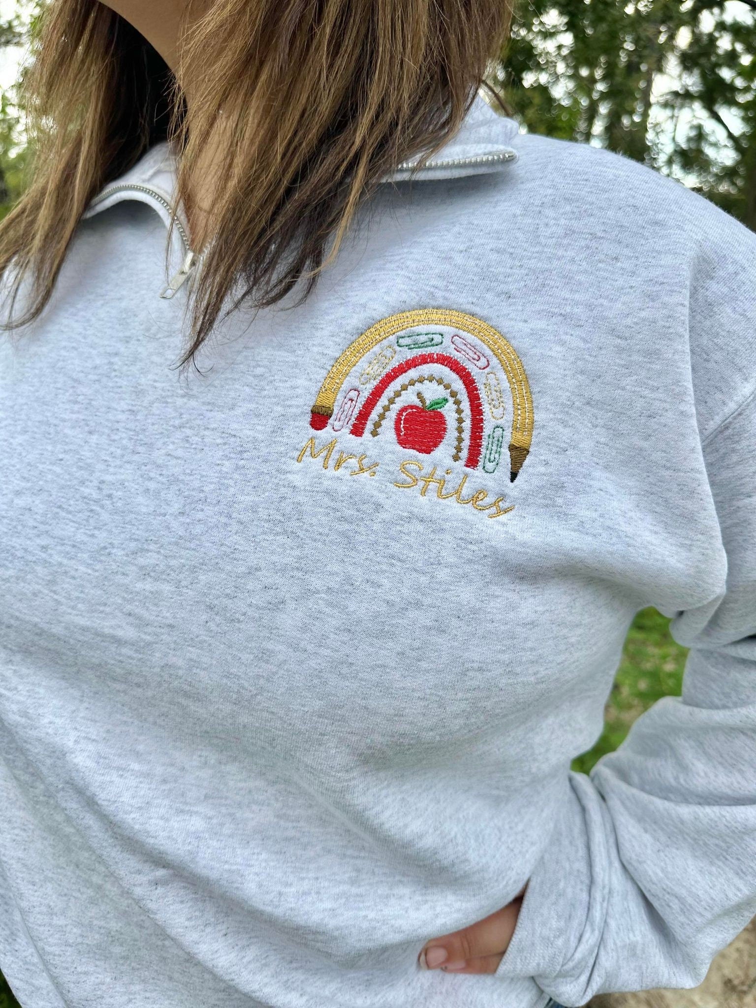 Embroidered Teacher Rainbow with Teacher Name - On Model