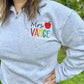 Personalized Teacher Name Quarter Zip Sweater Shown in Ash Color - Teachers name is Embroidered in Rainbow with an apple - On Model