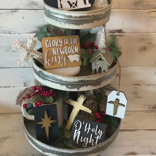 Christmas Nativity Tiered Tray Set - Nativity Farmhouse Tiered Tray Signs - Jesus and Mary - O Holy Night - Christian Christmas Decor