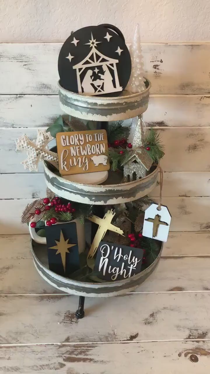 Christmas Nativity Tiered Tray Set - Nativity Farmhouse Tiered Tray Signs - Jesus and Mary - O Holy Night - Christian Christmas Decor